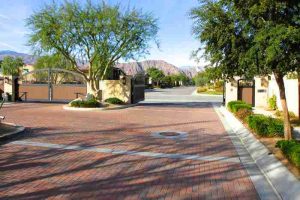 a brick driveway with trees and bushes