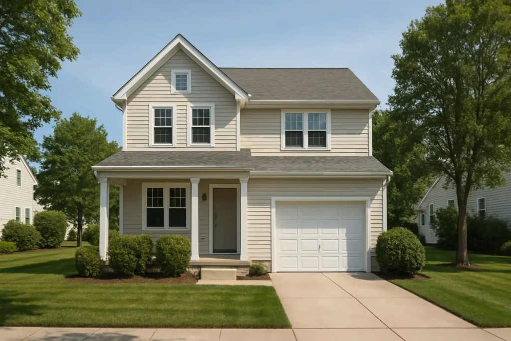 A clean New Jersey suburban house exterior bright daylight calm neighborhood atmosphere front lawn tidy neutral and professional tone