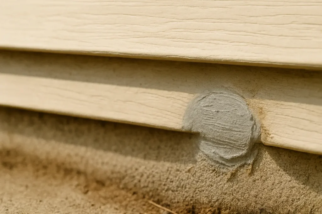 Rodent Control | Environmina 26 Realistic close up photograph of a small rodent entry hole beneath exterior siding Fixed