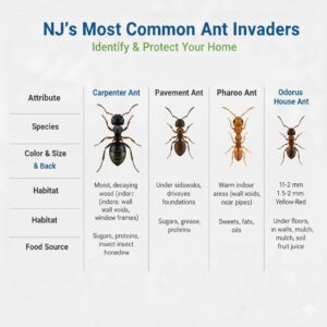Infographic showing four common New Jersey ants: Carpenter, Pavement, Pharaoh, and Odorous House ant